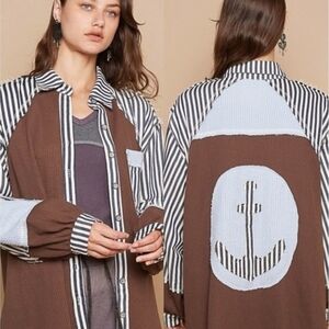 POL Brand New Striped Brown and Blue Anchor Shirt Size Large